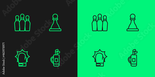 Set line Golf bag with clubs, Punch in boxing gloves, Bowling pin and Chess icon. Vector