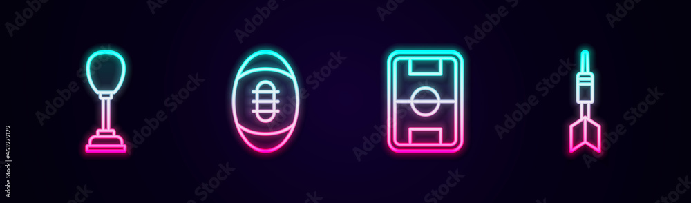 Set line Punching bag, American Football ball, field and Dart arrow. Glowing neon icon. Vector Set line Punching bag, American Football ball, field and Dart arrow. Glowing neon icon. Vector