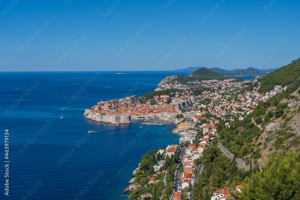 Aerial view of the old town Dubrovnik, blue sea and mountains, Croatia
