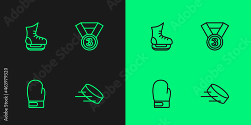 Set line Hockey puck, Boxing glove, Skates and Medal icon. Vector