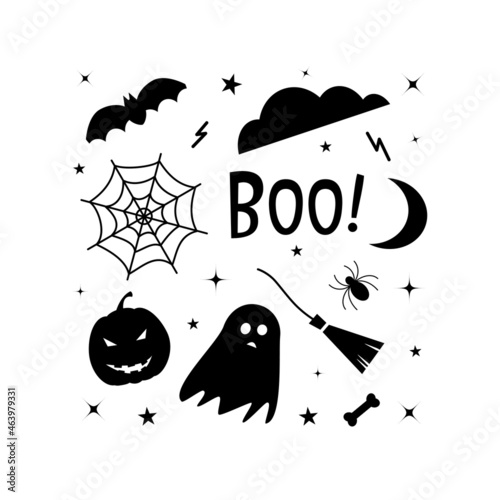 Isolated vector illustration. Set of black halloween icons on white background