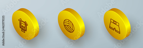 Set Isometric line Stopwatch, Volleyball ball and Boxing short icon. Vector