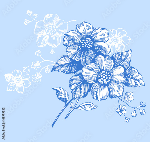 Bouquet of garden flowers, painted in the style of French fabrics of the 19th century, toile de jouy