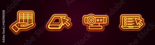 Set line Book donation, Online book, Web camera and quiz, test, survey. Glowing neon icon. Vector