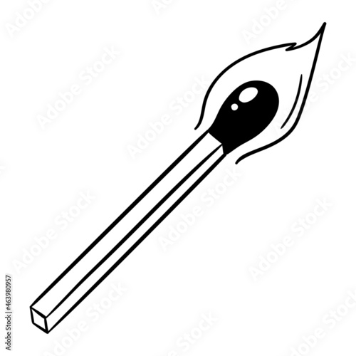 Safety match icon with fire. A match with coal. Vector black and white illustration in doodle outline style on a white background.