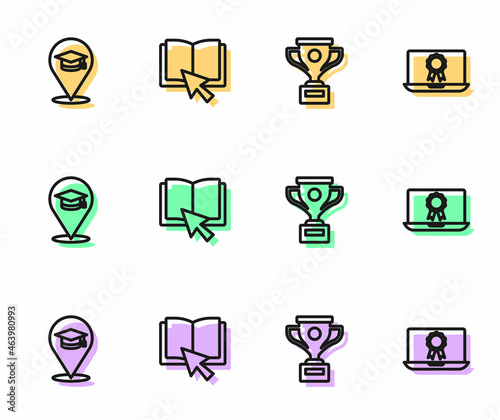 Set line Award cup, Online education, book and with diploma icon. Vector