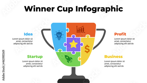 Puzzle winner cup. Success infographic. Presentation slide template. Diagram chart with 4 steps, processes. 