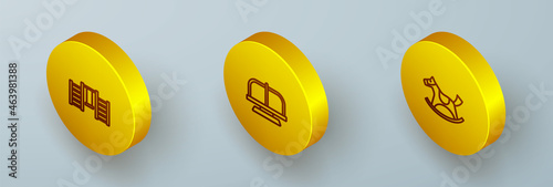 Set Isometric line Swedish wall, Attraction carousel and Horse in saddle swing icon. Vector