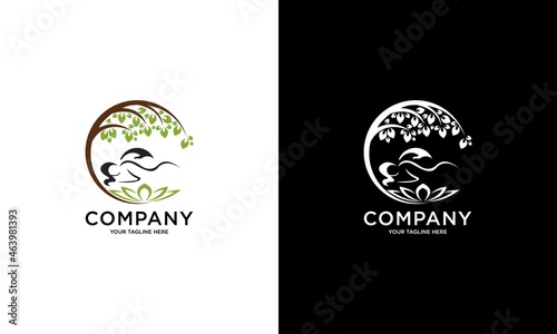 Vector women's health logo concept. tree position badge design Fitness center illustration. Woman with leaves on white and black background