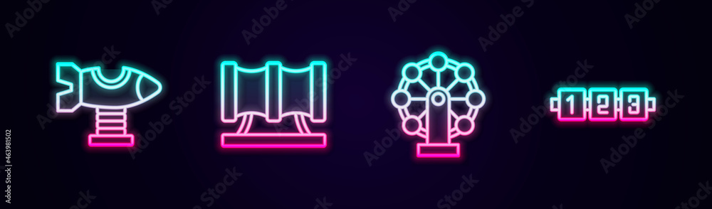Set line Swing plane, Kid playground slide pipe, Ferris wheel and Education logic game. Glowing neon icon. Vector Set line Swing plane, Kid playground slide pipe, Ferris wheel and Education logic game. Glowing neon icon. Vector