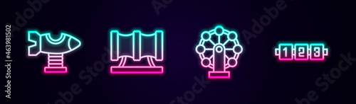 Set line Swing plane, Kid playground slide pipe, Ferris wheel and Education logic game. Glowing neon icon. Vector