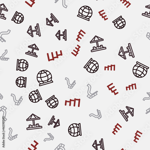 Set line Playground climbing equipment, Sandbox with sand, Slide playground and Sport horizontal bar on seamless pattern. Vector