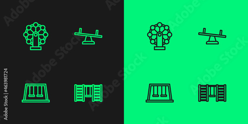 Set line Swedish wall, Swings for kids, Ferris wheel and Seesaw icon. Vector