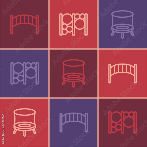 Set line Playground kids bridge, Jumping trampoline and climbing equipment icon. Vector