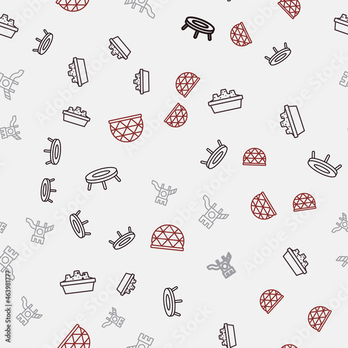 Set line Jumping trampoline, Sandbox with sand, Slide playground and Playground climbing equipment on seamless pattern. Vector