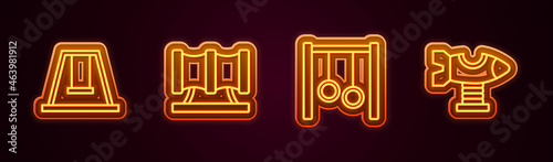 Set line Swing for kids, Kid playground slide pipe, Gymnastic rings and plane. Glowing neon icon. Vector