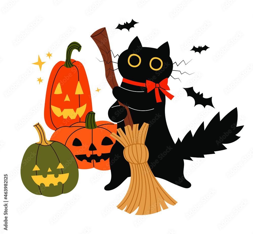 Black cat and jack-o-lantern. Halloween concept cute vector illustration.