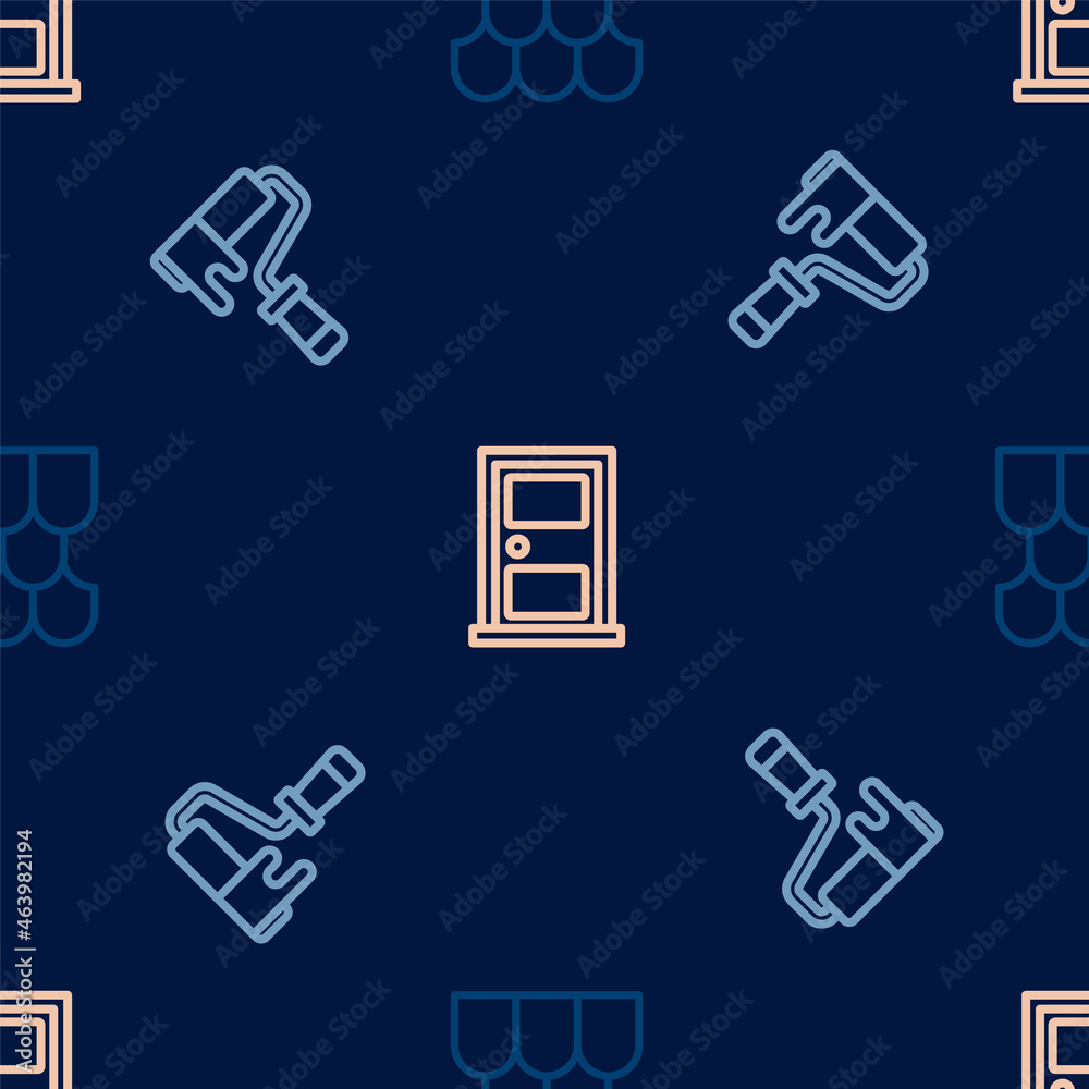 Set line Roof tile, Paint roller brush and Closed door on seamless pattern. Vector Set line Roof tile, Paint roller brush and Closed door on seamless pattern. Vector