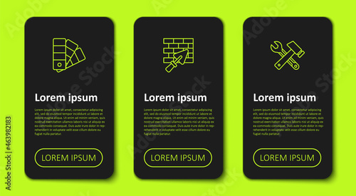 Set line Color palette guide, Brick wall with trowel and Hammer and wrench spanner. Business infographic template. Vector