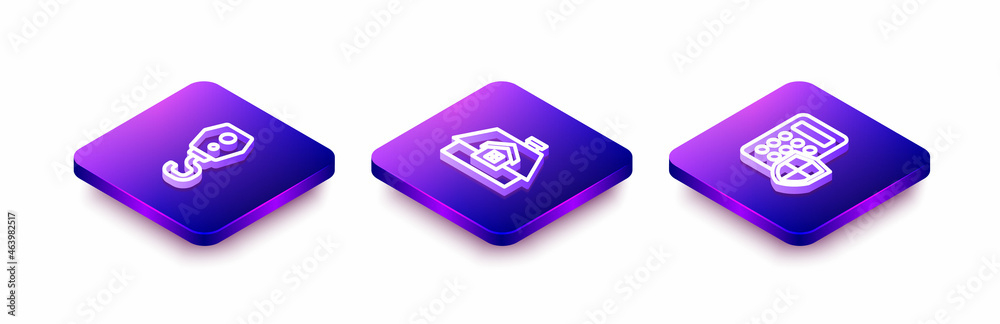 Set Isometric line Crane hook, House and Security keypad access panel icon. Vector Set Isometric line Crane hook, House and Security keypad access panel icon. Vector