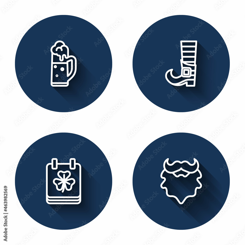 Set line Glass of beer, Leprechaun boot, Saint Patricks day with calendar and Mustache and beard with long shadow. Blue circle button. Vector Set line Glass of beer, Leprechaun boot, Saint Patricks day with calendar and Mustache and beard with long shadow. Blue circle button. Vector