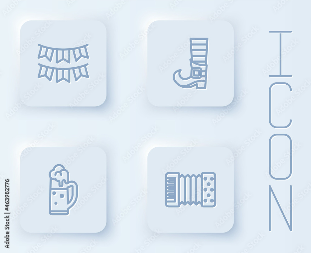 Set line Carnival garland with flags, Leprechaun boot, Glass of beer and Accordion. White square button. Vector Set line Carnival garland with flags, Leprechaun boot, Glass of beer and Accordion. White square button. Vector