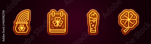 Set line Pot of gold with rainbow, Saint Patricks day calendar, Glass beer and Four leaf clover. Glowing neon icon. Vector