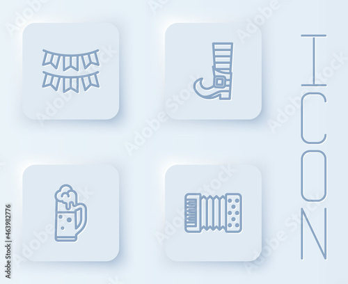 Set line Carnival garland with flags, Leprechaun boot, Glass of beer and Accordion. White square button. Vector