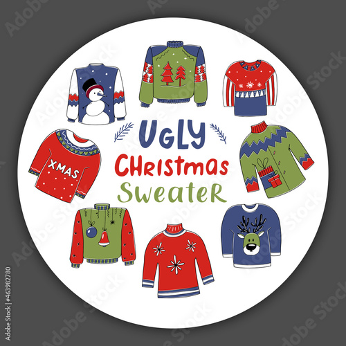 Ugly Christmas party sweater set, with lettering and elements isolated on white background. Vector illustration for holiday design