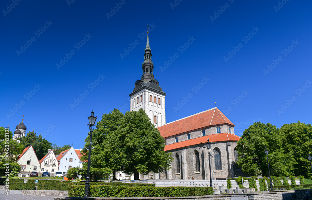 Buildings in the old town of Tallinn, during a beautiful sunny summer day. Landmarks of Estonia, Europe.