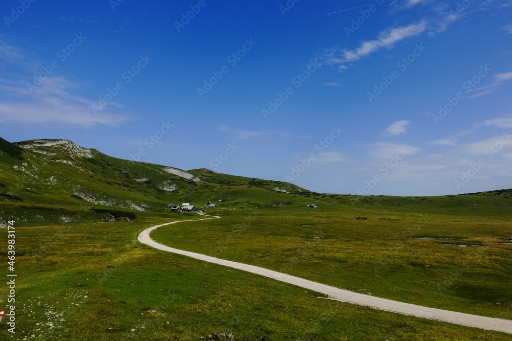 white dirt road through a green mountain valley with blue sky