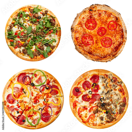 Isolated collage of various types of pizza on white