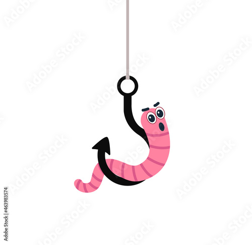 Cartoon worm on a hook. Emotion horror. vector illustration. character