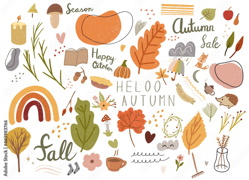 Fall season autumn doodle elements illustration icon set isolated on white background. Hand drawn for posters, sticker kit. Pumpkin, falling leaves, candle, fox, pie, abstract shapes flowers and other