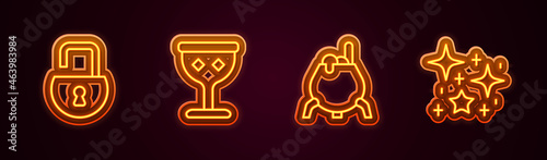 Set line Open padlock, Medieval goblet, Witch cauldron and Magical glitter particles. Glowing neon icon. Vector