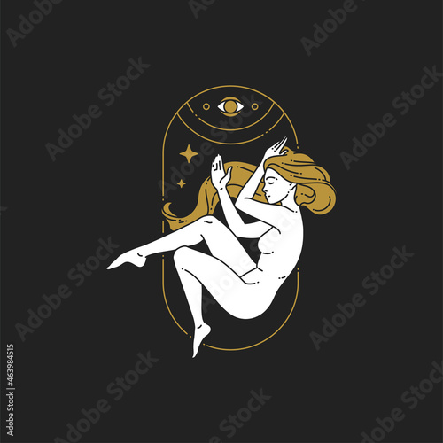 Hand drawn abstract woman naked body with mystical esoteric eye stars contour vector illustration