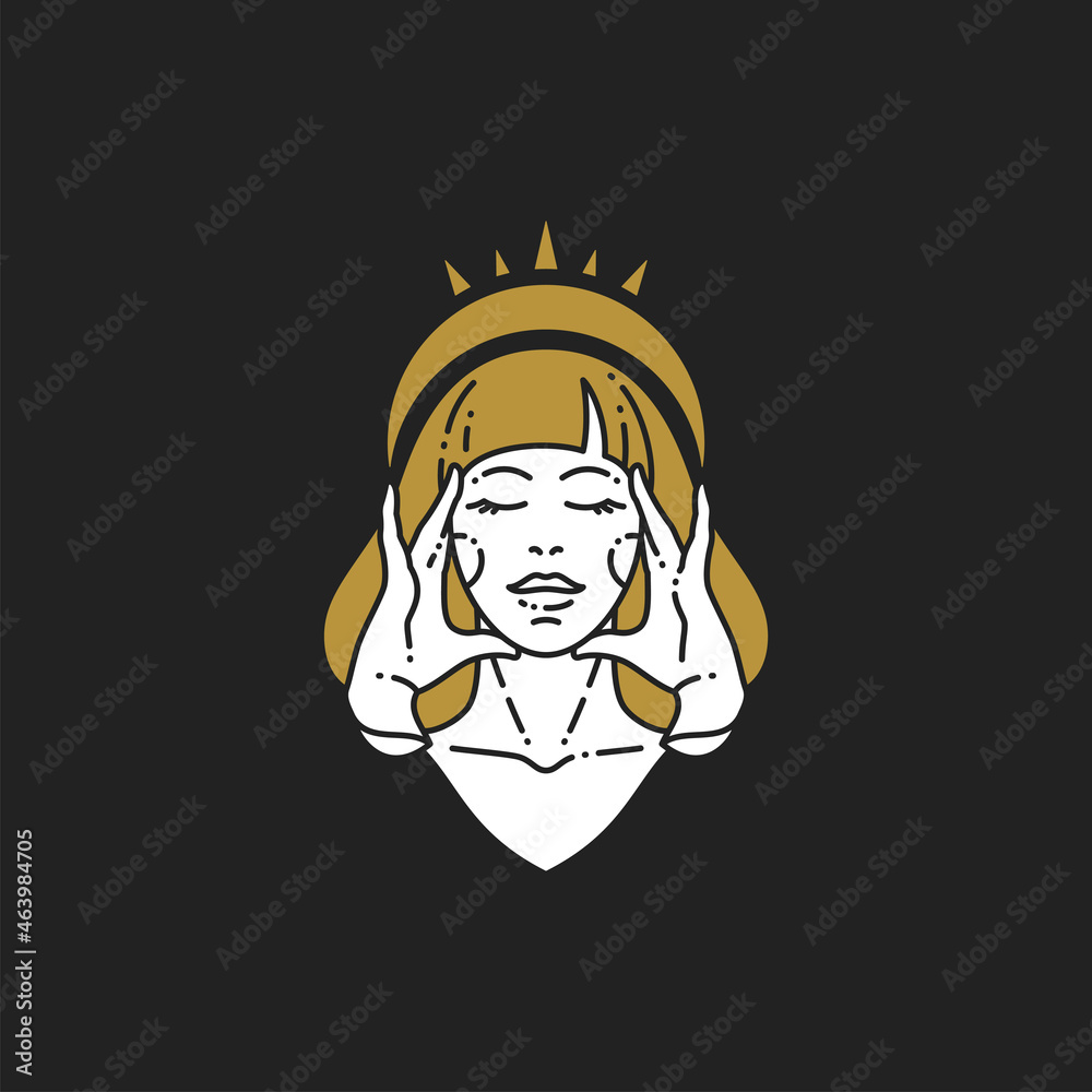 Fototapeta premium Outline linear portrait of woman golden hair mystic goddess wearing crown tiara emblem icon vector