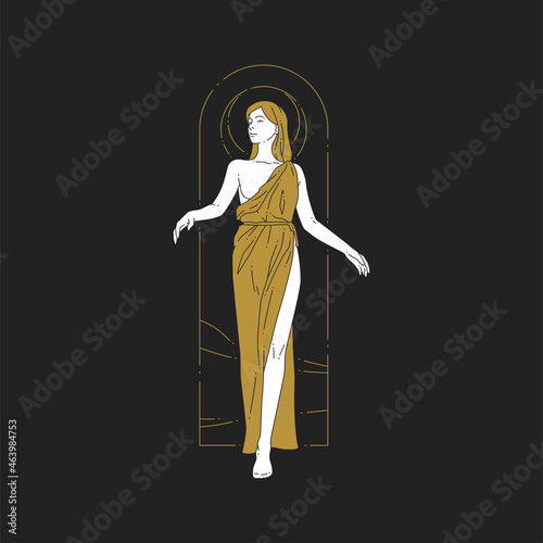 Woman antique Greek goddess in vintage dress posing mythology symbol spiritual frame line art logo