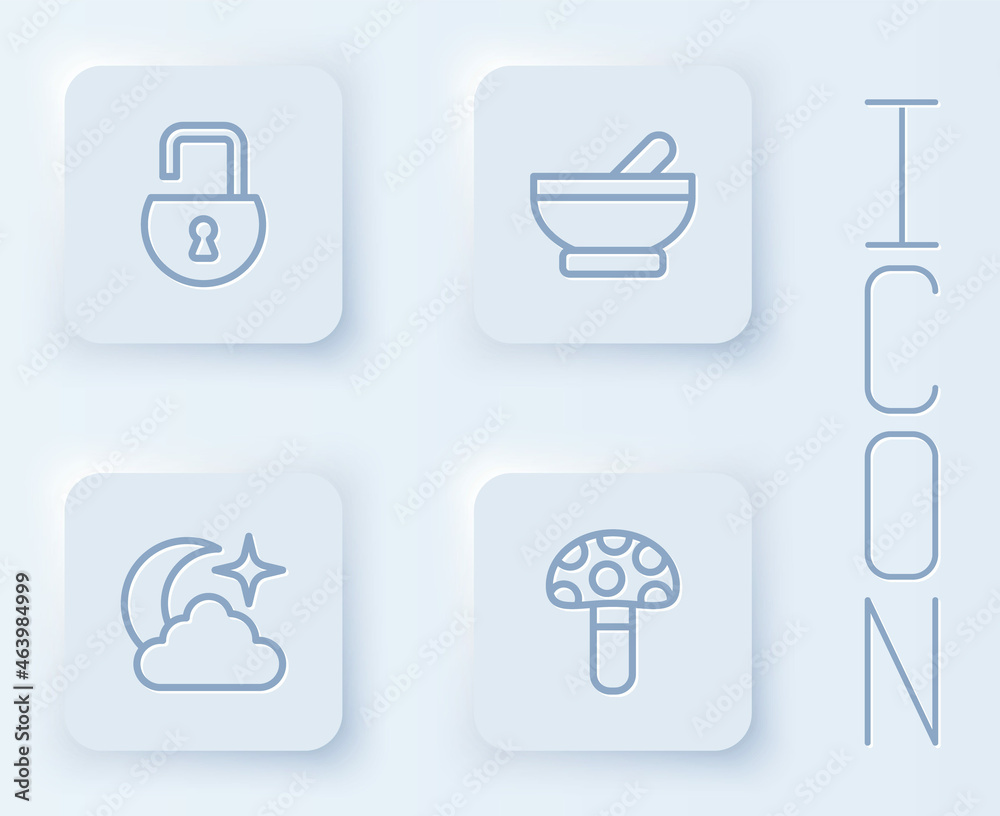 Set line Open padlock, Witch cauldron, Moon and stars and Psilocybin mushroom. White square button. Vector Set line Open padlock, Witch cauldron, Moon and stars and Psilocybin mushroom. White square button. Vector
