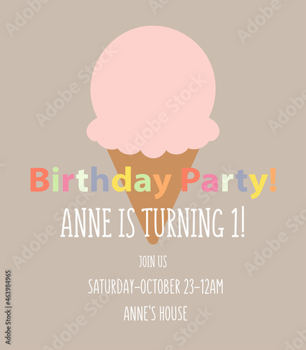 Birthday party invitation card template with a pink ice cream , cloud and number one. Vector illustration in cartoon style.