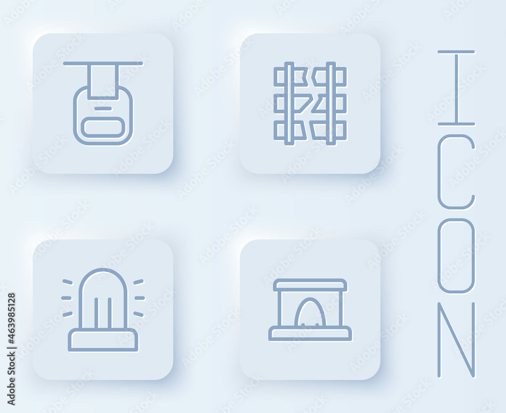 Set line Cable car, Broken or cracked railway, Flasher siren and Railway tunnel. White square button. Vector Set line Cable car, Broken or cracked railway, Flasher siren and Railway tunnel. White square button. Vector