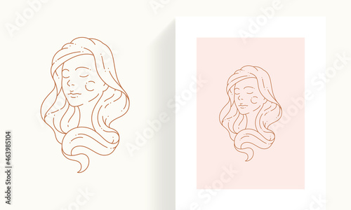 Adorable woman waving hair portrait minimalist icon pastel color postcard with border set vector