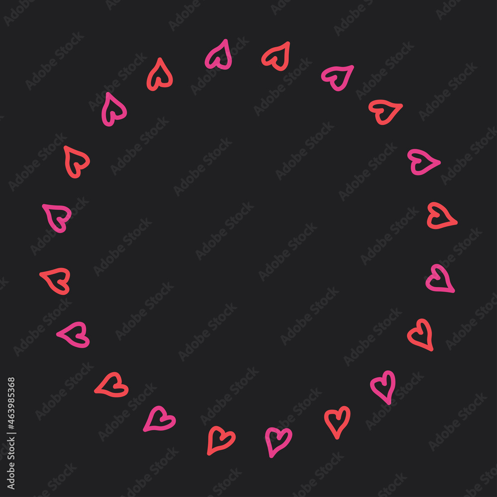 round frame of pink and red hearts of the same shape hand-drawn on a dark gray background round frame of pink and red hearts of the same shape hand-drawn on a dark gray background