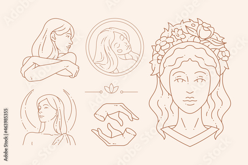 Monochrome icon antique woman goddess esoteric elegant flower portrait set vector illustration