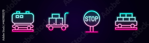 Set line Oil railway cistern, Trolley suitcase, Stop sign and Cargo train wagon. Glowing neon icon. Vector