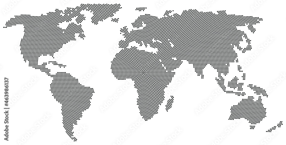 Obraz premium World map in radial dot pattern vector illustration.