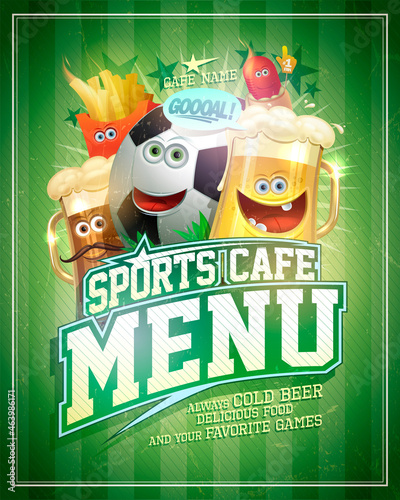 Sports cafe menu cover vector design template with football ball and funny beer mugs