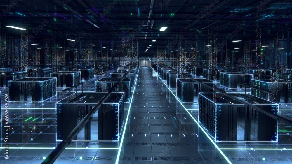 Modern Data Technology Center Server Racks in Dark Room with VFX. Animated Visualization Concept of Internet of Things, Data Flow, Digitalization of Internet Traffic. Panning Camera Shot.