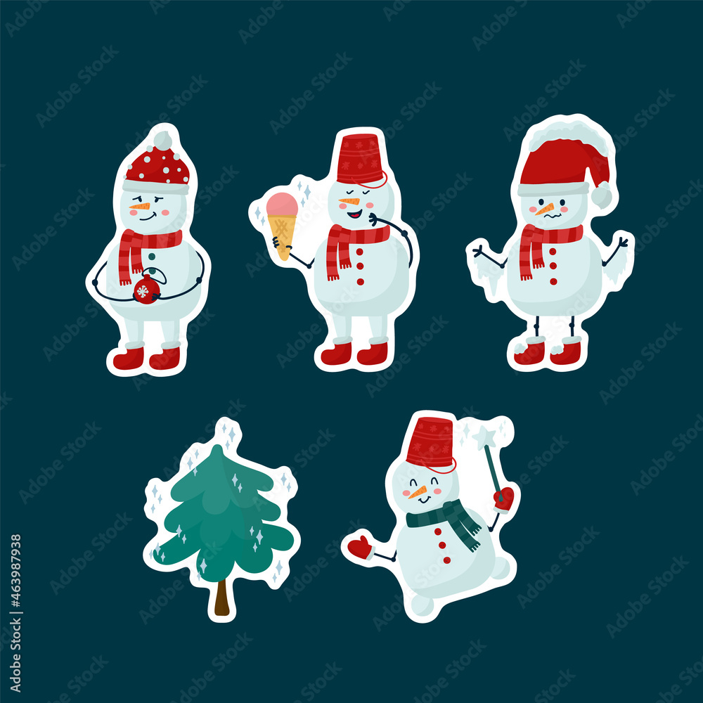 A set of stickers with funny snowmen. Winter characters made of snow and a carrot instead of a nose. Happy New Year and Merry Christmas. Vector illustration