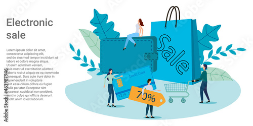 Electronic sale.People on the background of a wallet and a credit card are rushing to the sale.Poster in business style.Vector illustration.